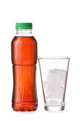 Bottle of fresh tea and glass with ice on white background