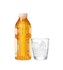 Bottle of fresh tea and glass with ice on white background