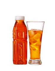 Bottle and glass of fresh ice tea on white background