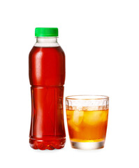 Bottle and glass of fresh ice tea on white background