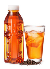 Bottle and glass of fresh ice tea on white background
