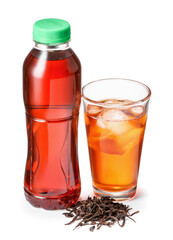 Bottle and glass of fresh ice tea on white background