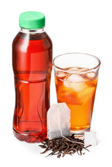 Bottle and glass of fresh ice tea on white background
