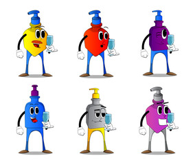 Cartoon bottle of hand sanitizer gel for hygiene with face holding a glass of water.