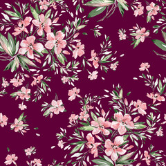 Seamless stylish pattern from sketching exotic flowers with paints and pencils