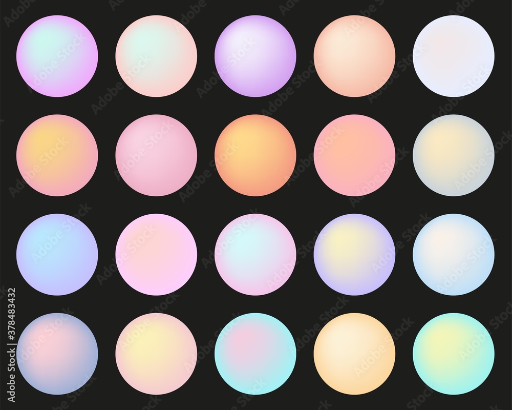 Poster holographic gradient sphere set. vector pastel soft multicolor round buttons isolated on black backg