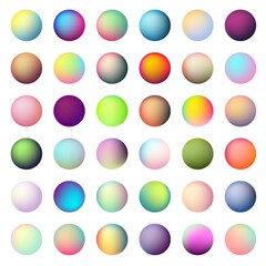 Holographic gradient sphere set. Vector vibrant multicolor neon, purple, blue, green, purple, yellow, orange, pink, cyan round buttons