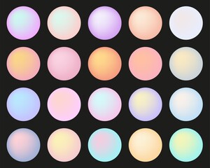 Holographic gradient sphere set. Vector pastel soft multicolor  round buttons isolated on black background