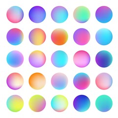 Holographic gradient sphere set. Vector vibrant multicolor neon, purple, blue, green, purple, yellow, orange, pink, cyan round buttons