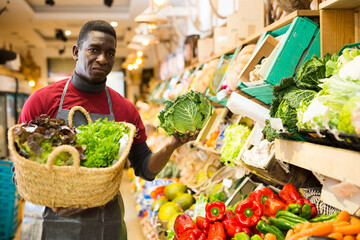 Focused African man working at farmer market, putting fresh organic greens and vegetables on showcase..