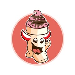 Cartoon Mascot of Happy Demon Strawberry Ice Cream Cone with Chocolate Toppings