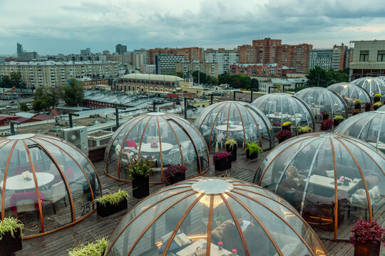 Igloo Rooftop Bar In The City. Romantic Restaurant In The Evening. Moscow, Russia, 09/13/2020.