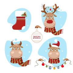 Set of vector Christmas symbols. Funny deer and cow in the scarf. A bull in a Santa hat holds a garland. Cute cartoon animals. A red stocking with holly branch. 