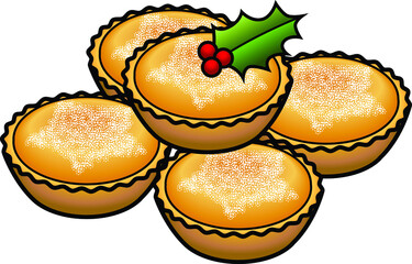A stack of 5 mince tarts / pies decorated with a holly leaf and berries.