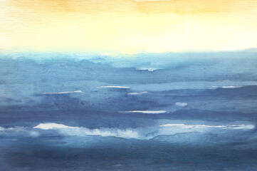watercolor background with ocean waves and sunset sky. abstract watercolor landscape on marine theme © Ghen