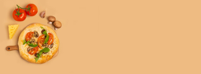 Vegetarian pizza with mushrooms, tomatoes and herbs. Ingredients.