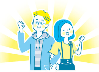 腕を組んでガッツポーズをする仲良し若い男女