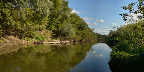 
Summer fishing on the Desna river, beautiful panorama. 