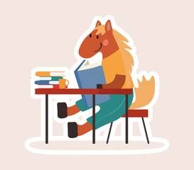 Cartoon student horse studying at a desk working from a text book with a smile in an education concept, colored vector illustration