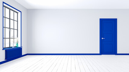 Classic empty room interior in minimalist style, the room has wooden floors, there is a window and a door