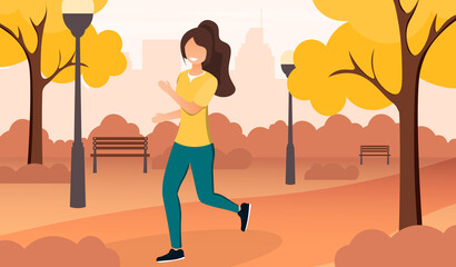 Obraz na płótnie Canvas Young woman jogging in the park in autumn in a healthy active lifestyle concept, colored vector illustration