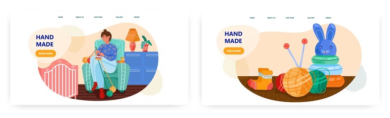 Woman knitting socks for her baby. Hobby at home concept illustration. Vector web site design template. Wool, knitting needles, clew. Woman knit handcraft clothes