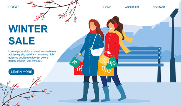 Two happy women return home after a Winter Sale carrying their shopping bags filled with discounted bargains, colored vector illustration web page template