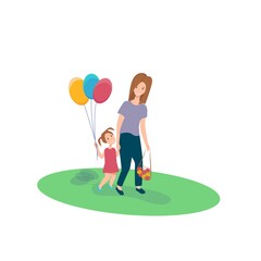 Mom and daughter walking. Young woman with a little girl walking holding hands, the girl in the hands of balloons, joyful and happy, illustration in a merged flat isolated on a white background.