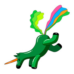 Unicorn pooping a rainbow, fantasy cute character beast multicolored shit turd. Vector illustration isolated cartoon style
