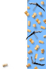 wine corks creative flat lay layout on a white backlit background. flatlay creative wine set with corks and corkscrew for design concept.