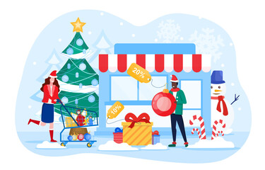 Winter and Christmas Sale concept with woman rushing with her trolley to the store to purchase the bargains in a cold city street with snowman, colored vector illustration