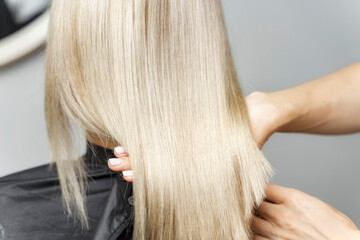 Fototapeta premium stylist calorist shows model's dyed blond hair