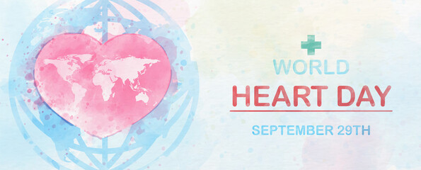 Pink heart with world map and the day and name of event on global icon on colorful watercolor and white paper pattern background. Poster campaign of World Heart Day in banner and watercolors style.