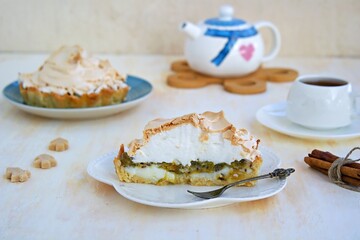 Mini tarts with custard, gooseberries and meringue on a white plate on a light concrete background. Desserts meringue.