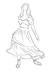 Beautiful woman dressed in boho style clothes. Full-length human figure. Line drawing. Sketch. Line art. Silhouette of a man. Isolated vector illustration.