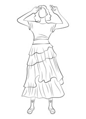 Beautiful woman dressed in boho style clothes. Full-length human figure. Line drawing. Sketch. Line art. Silhouette of a man. Isolated vector illustration.