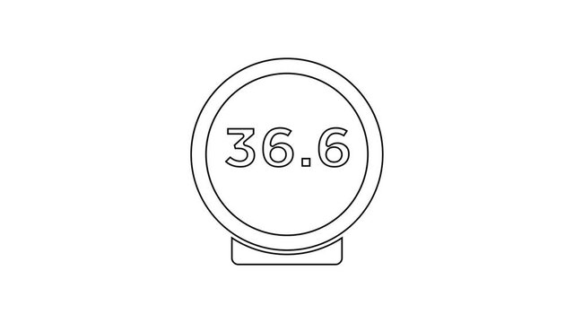 Black line Medical thermometer showing normal temperature icon isolated on white background. 4K Video motion graphic animation.