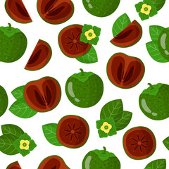 Vector cartoon seamless pattern with Diospyros-nigra or Black sapote exotic fruits flowers and leafs on white background