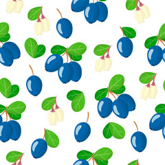 Vector cartoon seamless pattern with bog bilberry exotic fruits, flowers and leafs on white background