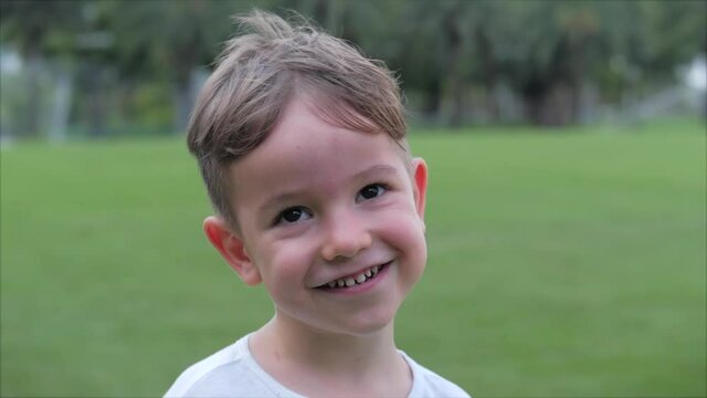 Portrait Funny little boy smiling chil looking at camera are walking on the park, cute kid preschool child with pretty face smiling on the camera. Concept Happy Childhood outdoor.