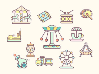 Vector illustration of a  fun park and amusement park elements. Contains such as  ride, Bumper cars, ferris wheel, big wheel, attraction, merry-go-round, carousel and more.
