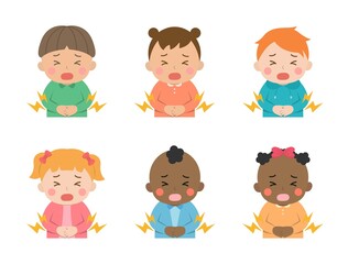 Cute children's daily illustration set, different races with skin color, stomach pain, sickness, pain, hands holding belly, cartoon vector illustration, set, isolated