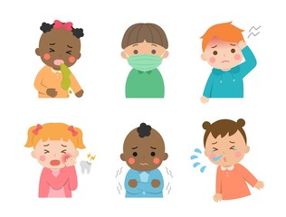 Cute children's daily illustration set, different races with skin color, vomiting, illness, cold, virus, face mask, cartoon comic vector illustration, set, isolated