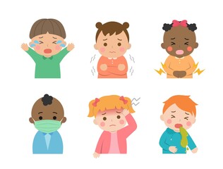 Cute children's daily illustration set, different races with skin color, crying, illness, cold, virus, face mask, vomiting, cartoon comic vector illustration, set, isolated