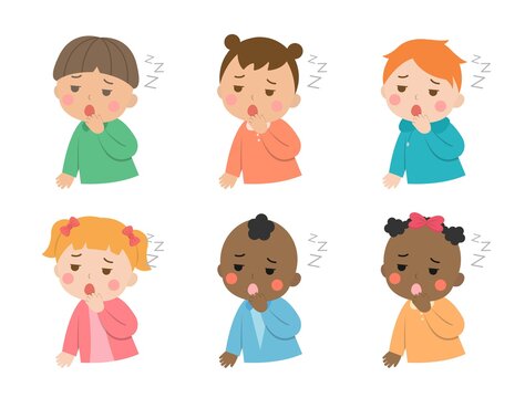 Cute children daily illustrations set, different races with skin color, sleepy, tired, want to sleep, cartoon comic vector illustration, set, isolated