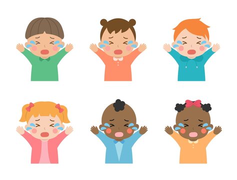 Cute children's daily illustration set, different races with skin color, crying, noisy, pain, cartoon comic vector illustration, set, isolated