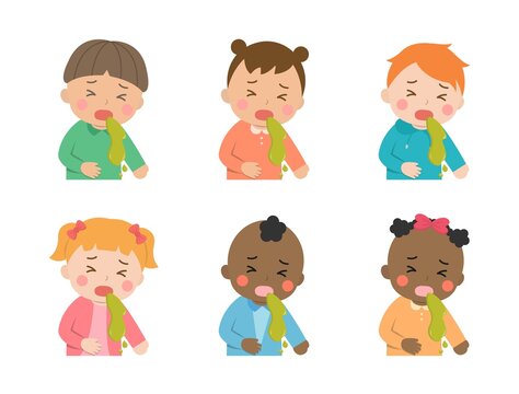 Cute children daily illustration set, different races with skin color, vomiting, illness, cold, virus, cartoon comic vector illustration, set, isolated