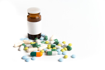 Coronavirus 2019-nCoV outbreak. Pills and drug, care during illness. White isolated background.