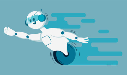 Smiling chat bot character robot helping solve a problems. For website or mobile application. Flat cartoon illustration isolated on blue background.