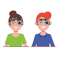 People vision checkup in ophthalmological clinic. Optometrist checking kid and adult eyesight with spectacles medical equipment. Glasses lens selection. Flat cartoon character illustration on white